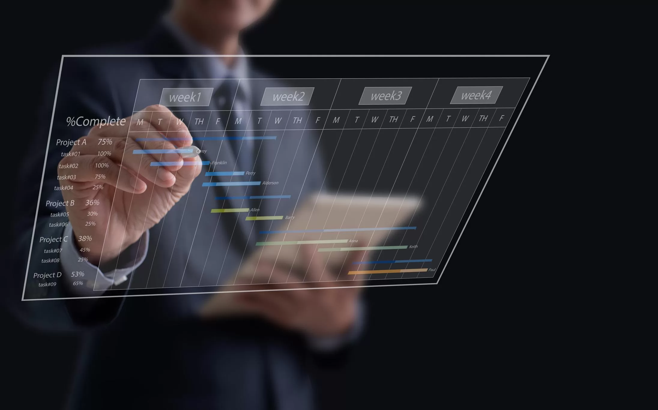 Project manager updating tasks and milestones progress planning with Gantt chart scheduling interface on a virtual screen, business background